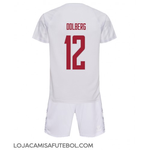 Camisa de Futebol Dinamarca Kasper Dolberg #12 Equipamento Secundário Infantil Mundo 2022 Manga Curta (+ Calças curtas)